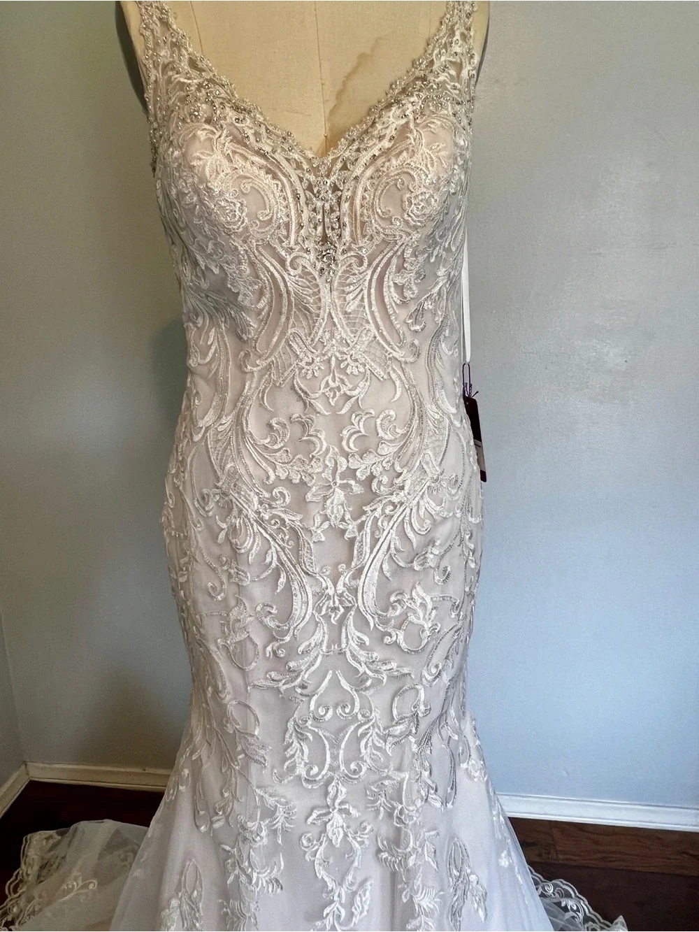 Ivory-Champagne V-Neck Lace Mermaid Wedding Dress - Picture 5 of 12